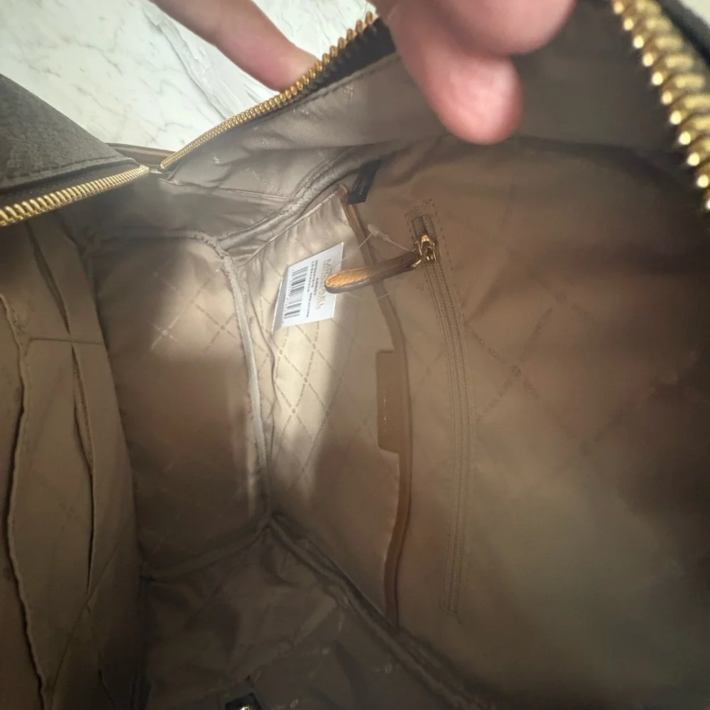 Michael Kors Dark Brown MK Monogram Backpack with Tan Trim